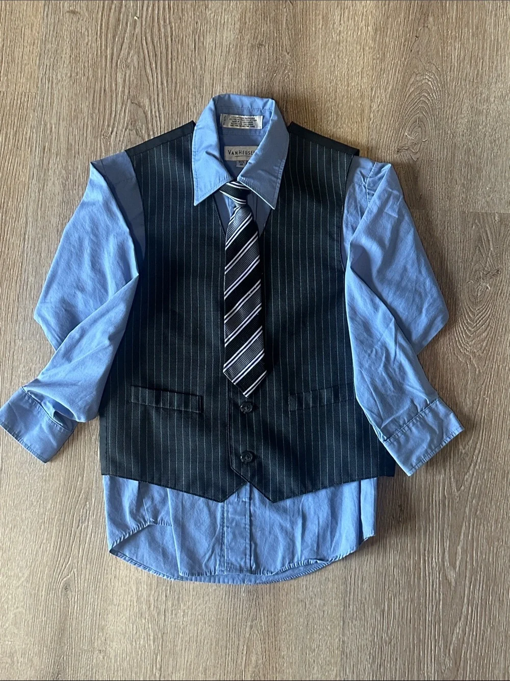 Van Heusen Black Pinstripe Vest with Light Blue Shirt & Striped Tie